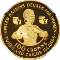 Turks and Caicos Islands coin 100 Crowns - Elizabeth II - Decade for Women (1985) reverse reverse of 100 Crowns - Elizabeth II - Decade for Women (1985) coin with KM# 62 from Turks and Caicos Islands. Inscription: UNITED NATIONS DECADE FOR WOMEN 100 CROWNS · TURKS AND CAICOS ISLANDS ·