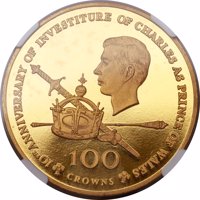 Turks and Caicos Islands coin 100 Crowns - Elizabeth II - Prince Charles - 10th Anniversary of Investiture (1979) reverse reverse of 100 Crowns - Elizabeth II - Prince Charles - 10th Anniversary of Investiture (1979) coin with KM# 46 from Turks and Caicos Islands. Inscription: 10th ANNIVERSARY OF INVESTITURE OF CHARLES AS PRINCE OF WALES 100 CROWNS