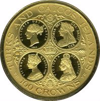 Turks and Caicos Islands coin 100 Crowns - Elizabeth II - Queen Victoria (1976 - 1977) reverse reverse of 100 Crowns - Elizabeth II - Queen Victoria (1976 - 1977) coin with KM# 17 from Turks and Caicos Islands. Inscription: TURKS AND CAICOS ISLANDS VR 100 CROWNS VR