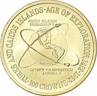 Turks and Caicos Islands coin 100 Crowns - Elizabeth II - Age of Exploration (1975) reverse reverse of 100 Crowns - Elizabeth II - Age of Exploration (1975) coin with KM# 11 from Turks and Caicos Islands. Inscription: TURKS AND CAICOS · AGE OF EXPLORATION, 1492-1962 SCOTT CARPENTER AURORA 7 ·100 CROWNS·