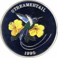 Turks and Caicos Islands coin 25 Crowns - Elizabeth II - Streamertail Bird (1995) reverse reverse of 25 Crowns - Elizabeth II - Streamertail Bird (1995) coin with KM# 210 from Turks and Caicos Islands. Inscription: STREAMERTAIL 1995