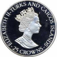 Turks and Caicos Islands coin 25 Crowns - Elizabeth II - Woodstar Bird (1995) obverse obverse of 25 Crowns - Elizabeth II - Woodstar Bird (1995) coin with KM# 211 from Turks and Caicos Islands. Inscription: ELIZABETH II-TURKS AND CAICOS ISLANDS -25 CROWNS-
