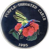 Turks and Caicos Islands coin 25 Crowns - Elizabeth II - Purple-throated Carib (1995) reverse reverse of 25 Crowns - Elizabeth II - Purple-throated Carib (1995) coin with KM# 209 from Turks and Caicos Islands. Inscription: PURPLE-THROATED CARIB 1995