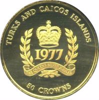 Turks and Caicos Islands coin 50 Crowns - Elizabeth II - Elizabeth II's Silver Jubilee (1977) reverse reverse of 50 Crowns - Elizabeth II - Elizabeth II's Silver Jubilee (1977) coin with KM# 20 from Turks and Caicos Islands. Inscription: TURKS AND CAICOS ISLANDS 1977 THE QUEEN's SILVER JUBILEE 50 CROWNS