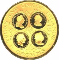 Turks and Caicos Islands coin 100 Crowns - Elizabeth II - George III (1977) reverse reverse of 100 Crowns - Elizabeth II - George III (1977) coin with KM# 22 from Turks and Caicos Islands. Inscription: TURKS AND CAICOS ISLANDS 100 CROWNS