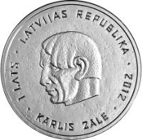 Latvia coin 1 Lats - Kārlis Zāle (2012) obverse obverse of 1 Lats - Kārlis Zāle (2012) coin with KM# 132 from Latvia. Inscription: · 1 LATS · LATVIJAS REPUBLIKA · 2012 · KĀRLIS ZĀLE