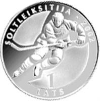 Latvia coin 1 Lats - Ice Hockey (2001) reverse reverse of 1 Lats - Ice Hockey (2001) coin with KM# 50 from Latvia. Inscription: SOLTLEIKSITIJA 2002 1 LATS