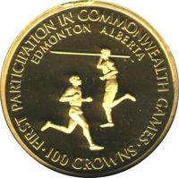 Turks and Caicos Islands coin 100 Crowns - Elizabeth II - XI Commonwealth Games (1978) reverse reverse of 100 Crowns - Elizabeth II - XI Commonwealth Games (1978) coin with KM# 44 from Turks and Caicos Islands. Inscription: FIRST PARTICIPATION IN COMMONWEALTH GAMES EDMONTON ALBERTA · 100 CROWNS ·