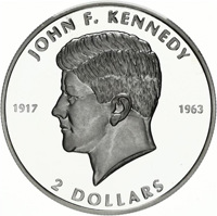 Cook Islands coin 2 Dollars - Elizabeth II - 40th Death Anniversary of John F. Kennedy (2003) reverse reverse of 2 Dollars - Elizabeth II - 40th Death Anniversary of John F. Kennedy (2003) coin with KM# 1139 from Cook Islands. Inscription: JOHN F. KENNEDY 1917 1963 2 DOLLARS