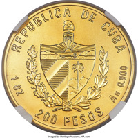 obverse of 200 Pesos - Bolivar and Marti, Fathers of the Americanism (1993) coin with KM# 542 from Cuba. Inscription: REPUBLICA DE CUBA 1 OZ 200 PESOS AU 0.900