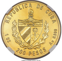 Cuba coin 200 Pesos - Bolivar and Marti, Fathers of the Americanism (1993) obverse obverse of 200 Pesos - Bolivar and Marti, Fathers of the Americanism (1993) coin with KM# 542 from Cuba. Inscription: REPUBLICA DE CUBA 1 OZ 200 PESOS AU 0.900