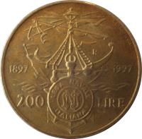 reverse of 200 Lire - Centennial to Italian Naval League (1997) coin with KM# 186 from Italy. Inscription: 1897 1997 R LEGA NATIONALE ITALIANA LNI 200 LIRE