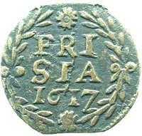 Dutch Republic coin 1 Duit (1604 - 1620) reverse reverse of 1 Duit (1604 - 1620) coin from Dutch Republic. Inscription: FRI SIA (year)