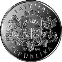 obverse of 10 Latu - Games of 1996 (1994) coin with KM# 24 from Latvia. Inscription: LATVIJAS 1994 REPUBLIKA