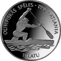 Latvia coin 10 Latu - Games of 1996 (1994) reverse reverse of 10 Latu - Games of 1996 (1994) coin with KM# 24 from Latvia. Inscription: OLIMPISKAS SPELES · 1996 · ATLANTA 10 LATU