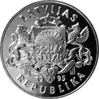 Latvia coin 1 Lats - For Freedom and Democracy (1995) obverse obverse of 1 Lats - For Freedom and Democracy (1995) coin with KM# 23 from Latvia. Inscription: LATVIJAS 1995 REPUBLIKA