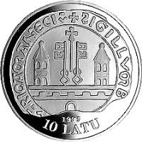 obverse of 10 Latu - 13th Century Riga (1995) coin with KM# 26 from Latvia. Inscription: 1995 10 LATU