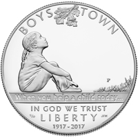 United States coin 1 Dollar - Boys Town Centennial (2017) obverse obverse of 1 Dollar - Boys Town Centennial (2017) coin with KM# 660 from United States. Inscription: BOYS TOWN P When you help a child today… IN GOD WE TRUST LIBERTY 1917-2017