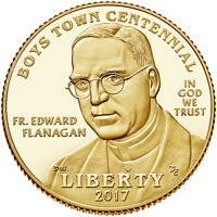 United States coin 5 Dollars - Boys Town Centennial (2017) obverse obverse of 5 Dollars - Boys Town Centennial (2017) coin with KM# 661 from United States. Inscription: BOYS TOWN CENTENNIAL IN GOD WE TRUST FR. EDWARD FLANAGAN LIBERTY 2017