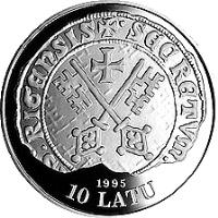 obverse of 10 Latu - 14th Century Riga (1995) coin with KM# 27 from Latvia. Inscription: 1995 10 LATU