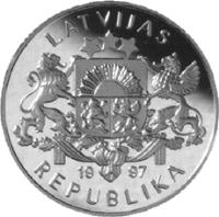 Latvia coin 10 Latu - Riga Ship (1997) obverse obverse of 10 Latu - Riga Ship (1997) coin with KM# 28 from Latvia. Inscription: LATVIJAS 1997 REPUBLIKA