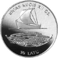 Latvia coin 10 Latu - Riga Ship (1997) reverse reverse of 10 Latu - Riga Ship (1997) coin with KM# 28 from Latvia. Inscription: RĪGAS KUĢIS XII GS. 10 LATU
