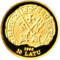 obverse of 10 Latu - 800th Anniversary - Riga (1998) coin with KM# 29 from Latvia. Inscription: 1998 10 LATU