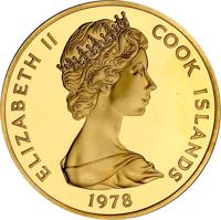 obverse of 250 Dollars - Elizabeth II - 250th Anniversary - Birth of James Cook (1978) coin with KM# 23 from Cook Islands. Inscription: ELIZABETH II COOK ISLANDS 1978