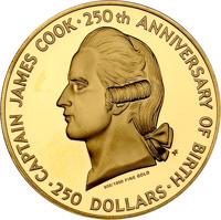 reverse of 250 Dollars - Elizabeth II - 250th Anniversary - Birth of James Cook (1978) coin with KM# 23 from Cook Islands. Inscription: CAPTAIN JAMES COOK · 250th ANNIVERSARY OF BIRTH 900/1000 FINE GOLD · 250 DOLLARS ·