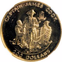 reverse of 200 Dollars - Elizabeth II - Bicentennial of the discovery of Hawaii by Capt. James Cook (1978) coin with KM# 22 from Cook Islands. Inscription: CAPTAIN JAMES COOK 200 DOLLARS