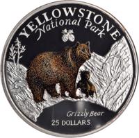 Cook Islands coin 25 Dollars - Elizabeth II - Yellowstone National Park (1996) reverse reverse of 25 Dollars - Elizabeth II - Yellowstone National Park (1996) coin with KM# 290 from Cook Islands. Inscription: YELLOWSTONE National Park Grizzly Bear 25 DOLLARS