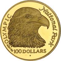 reverse of 100 Dollars - Elizabeth II - Olympic National Park (1996) coin with KM# 293 from Cook Islands. Inscription: OLYMPIC National Park A·S·H·96 100 DOLLARS