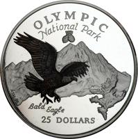 Cook Islands coin 25 Dollars - Elizabeth II - Olympic National Park (1996) reverse reverse of 25 Dollars - Elizabeth II - Olympic National Park (1996) coin with KM# 289 from Cook Islands. Inscription: OLYMPIC National Park A·S·H·96 Bald Eagle 100 DOLLARS
