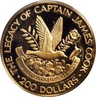 reverse of 200 Dollars - Elizabeth II - Legacy of Capt. James Cook (1979) coin with KM# 26 from Cook Islands. Inscription: THE LEGACY OF CAPTAIN JAMES COOK NIL INTENTATUM RELIQUIT 900 1000 FINE GOLD · 200 DOLLARS ·