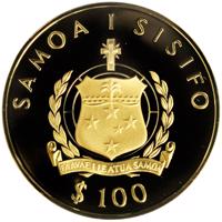 obverse of 100 Tala - Montreal Olympics (1976) coin with KM# 23 from Samoa. Inscription: SAMOA I SISIFO $ 100