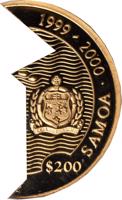 Samoa coin 200 Tala - People and Monuments (2000) obverse obverse of 200 Tala - People and Monuments (2000) coin with KM# 130 from Samoa. Inscription: 1999 - 2000 SAMOA · $200