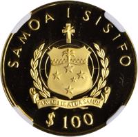 obverse of 100 Tala - Elizabeth II's Silver Jubilee (1977) coin with KM# 25 from Samoa. Inscription: SAMOA I SISIFO $ 100
