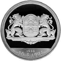 obverse of 10 Latu - 20th Century Riga (1998) coin with KM# 31 from Latvia. Inscription: 1998 10 LATU