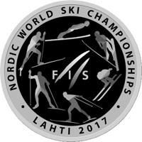 reverse of 1 Rouble - The world ski championship. Lahti 2017 (2017) coin from Belarus. Inscription: FIS NORDIC WORLD SKI CHAMPIONSHIP LAHTI 2017