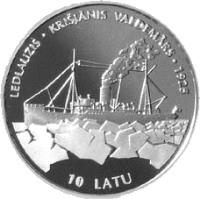 reverse of 10 Latu - Icebreaker Krisjanis Valdemars (1998) coin with KM# 32 from Latvia. Inscription: LEDLAUZIS · KRISJANIS VALDEMARS · 1925 10 LATU