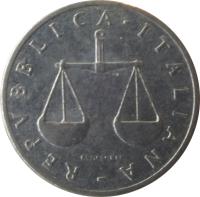 obverse of 1 Lira (1951 - 2001) coin with KM# 91 from Italy. Inscription: REPVBLICA · ITALIANA