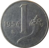 reverse of 1 Lira (1951 - 2001) coin with KM# 91 from Italy. Inscription: 1956 1 R