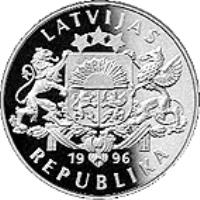 obverse of 10 Latu - Corncrake (1996) coin with KM# 33 from Latvia. Inscription: LATVIJAS 1996 REPUBLIKA
