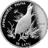 Latvia coin 10 Latu - Corncrake (1996) reverse reverse of 10 Latu - Corncrake (1996) coin with KM# 33 from Latvia. Inscription: APDRAUDETA FAUNA GRIEZE 10 LATU