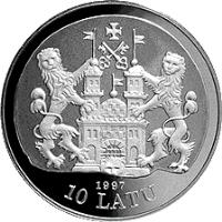 obverse of 10 Latu - 17th Century Riga (1997) coin with KM# 35 from Latvia. Inscription: 1997 10 LATU