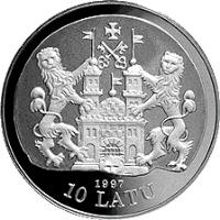 Latvia coin 10 Latu - 17th Century Riga (1997) obverse obverse of 10 Latu - 17th Century Riga (1997) coin with KM# 35 from Latvia. Inscription: 1997 10 LATU