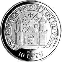 obverse of 10 Latu - 15th Century Riga (1996) coin with KM# 36 from Latvia. Inscription: 1996 10 LATU