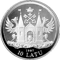 Latvia coin 10 Latu - 18th Century Riga (1997) obverse obverse of 10 Latu - 18th Century Riga (1997) coin with KM# 37 from Latvia. Inscription: 1997 10 LATU