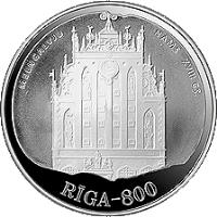 reverse of 10 Latu - 18th Century Riga (1997) coin with KM# 37 from Latvia. Inscription: MELNGALVJU NAMS XVIII GS. RIGA-800
