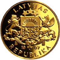 obverse of 20 Latu - Frigate Gekroente Ehlendt (1997) coin with KM# 41 from Latvia. Inscription: LATVIJAS 1997 REPUBLIKA